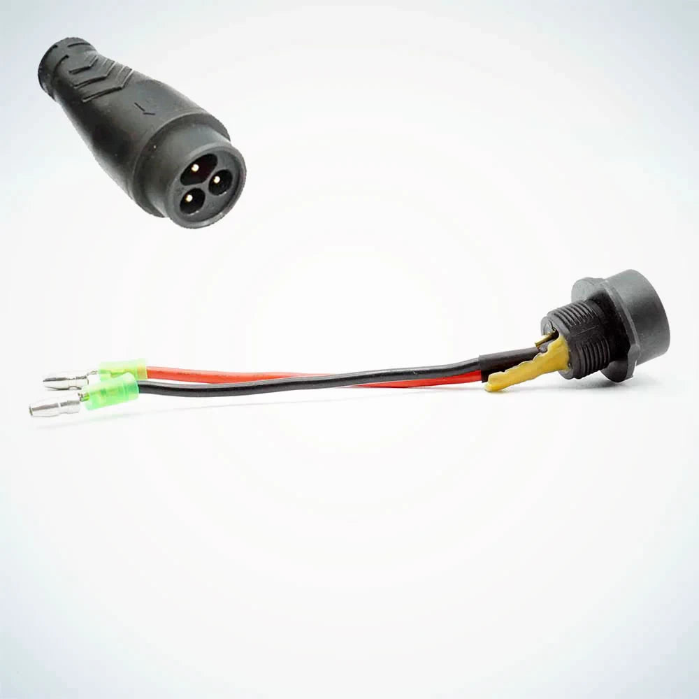 Genuine MiniMotors LP16 3-Pin charging port for Dualtron Mini electric scooter. Shown with inset of corresponding Dualtron Charger plug.