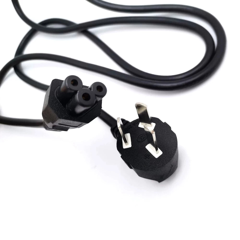 Close-up of 3-pin Australian plug and the 3-pin IEC C5 (Cloverleaf) connector, compatible with Segway Ninebot Max G30, G30M, F65, P65A, P100SE scooters.