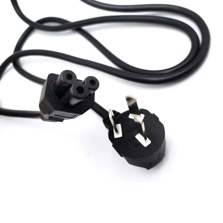 Close-up of 3-pin Australian plug and the 3-pin IEC C5 (Cloverleaf) connector, compatible with Segway Ninebot Max G30, G30M, F65, P65A, P100SE scooters.