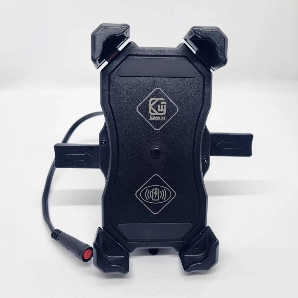 Wireless charging phone mount for Voltrium electric scooters, shown with arms closed for phone support, compatible with Rogue Dual Motor and Max models.