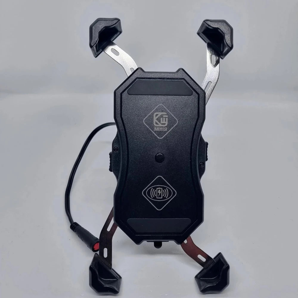 Voltrium wireless charging phone holder with open arms, ready for smartphone mounting on Rogue and Pro Plus scooters.