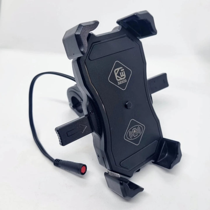 Wireless phone charger mount with arms closed, perfect for Voltrium scooter models including the Rogue and Offroader.