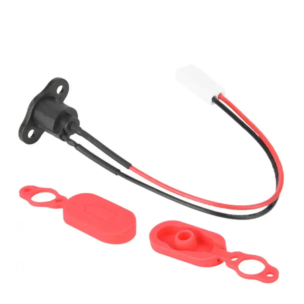Rear view of Xiaomi M365 charging port with front and rear view of waterproof silicone cap