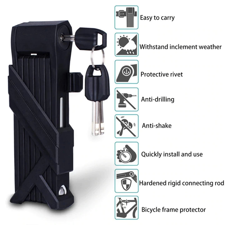 Cohesion Pagoda Folding Lock highlighting features such as weather resistance, anti-drill, and frame protection.