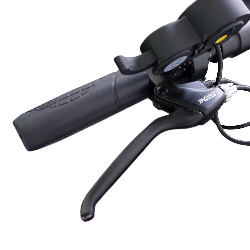 Close-up view of EMOVE Cruiser brake lever, showcasing ergonomic grip design and quality brake mechanism. The right brake lever, operates the front brake on the EMOVE Cruiser.