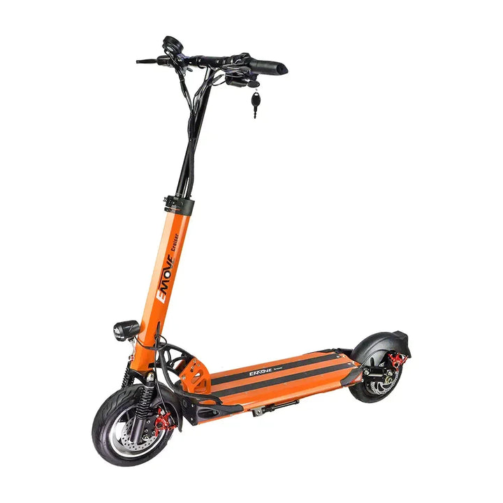 EMOVE Cruiser S electric scooter in bright orange, known for its durability and long range.