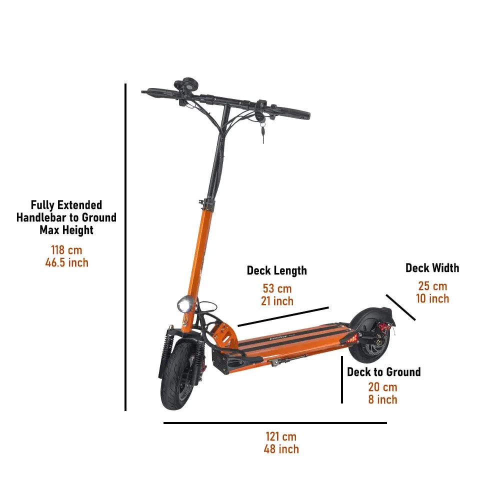 EMOVE Cruiser S electric scooter with extended dimensions: 121 cm (48 inches) long, 53 cm (21 inches) deck length, 25 cm (10 inches) deck width, and 118 cm (46.5 inches) max handlebar height.