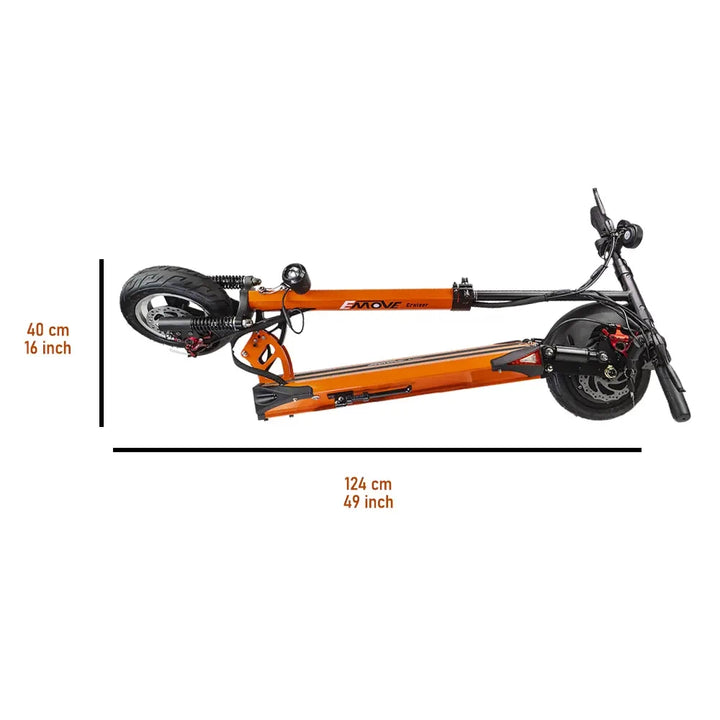 Folded EMOVE Cruiser S electric scooter showing compact dimensions: 124 cm (49 inches) long, 40 cm (16 inches) tall. Perfect for easy storage and portability.