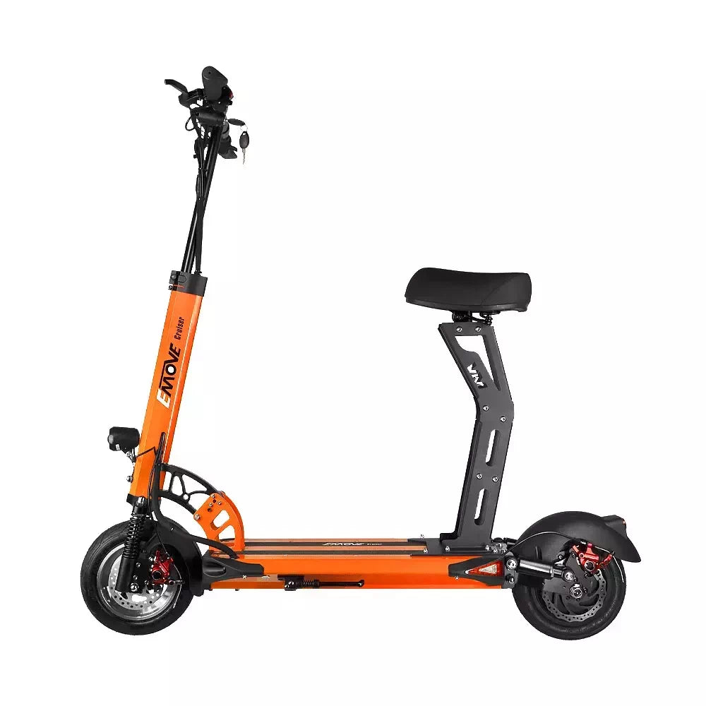 EMOVE Cruiser S electric scooter with reinforced seat attachment, showcasing comfortable and sturdy seating option for long rides.