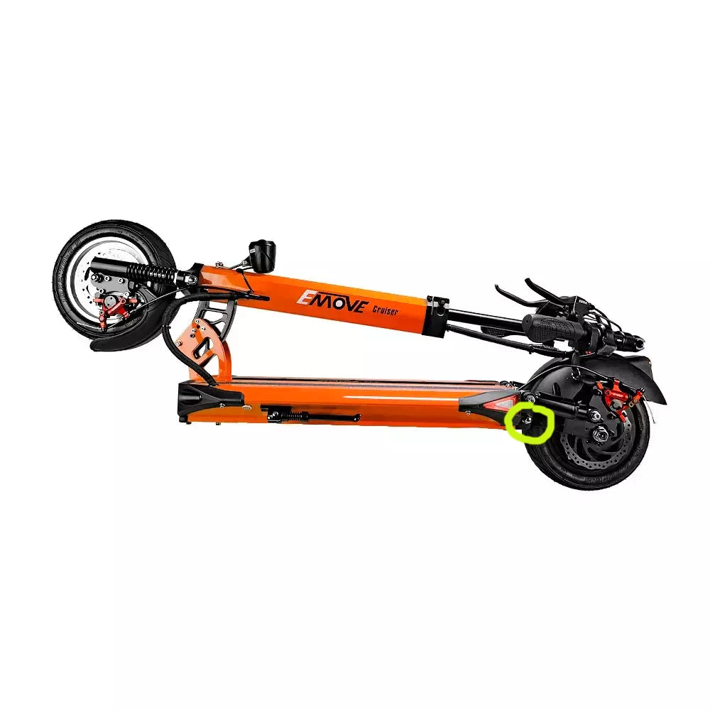 Image of the folded EMOVE Cruiser scooter with the rear metal rod location highlighted, connecting the suspension block for optimal stability.