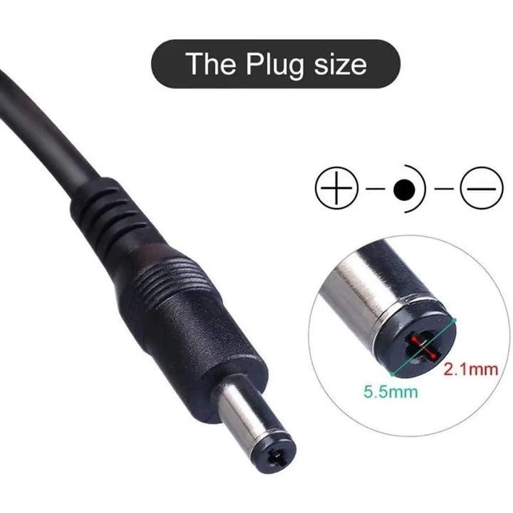 DC 2.1 mm hollow-point charger plug with polarity diagram and measurements (5.5 mm outer / 2.1 mm inner).