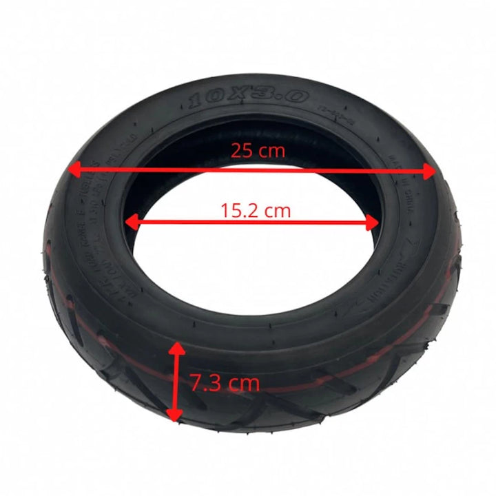 10 x 3.0 electric scooter road tyre with red line and dimension labels.