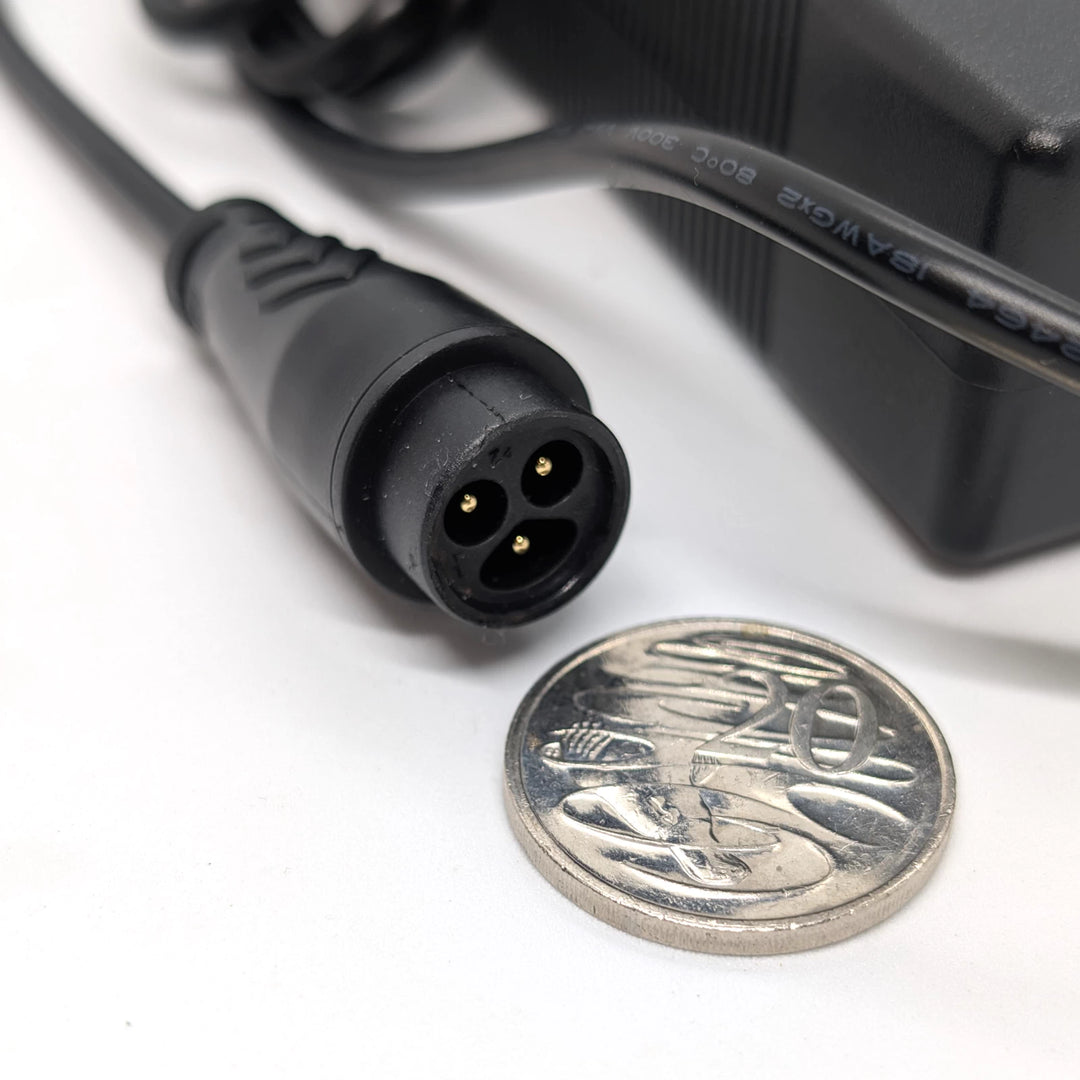 Close-up of Dualtron 3-pin Baming charger connector showing plug size