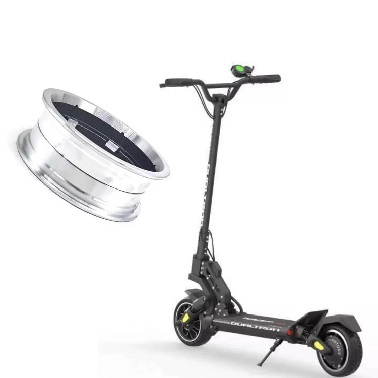 Dualtron Mini scooter with detached rear hub rim shown for reference.