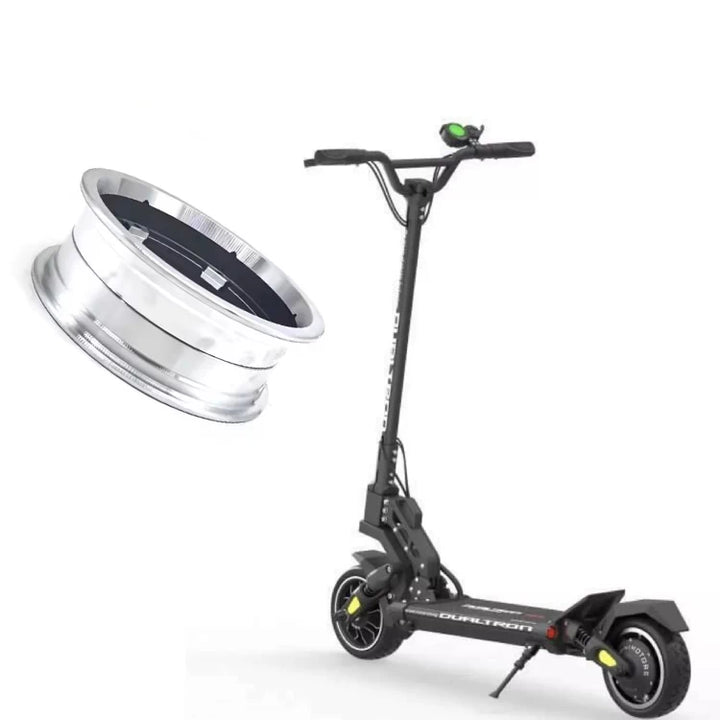Dualtron Mini scooter with detached rear hub rim shown for reference.