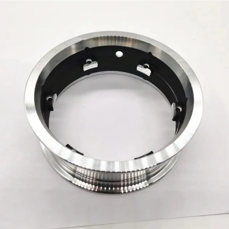 Front view of polished aluminium Dualtron Mini hub rim kit (2 pieces)