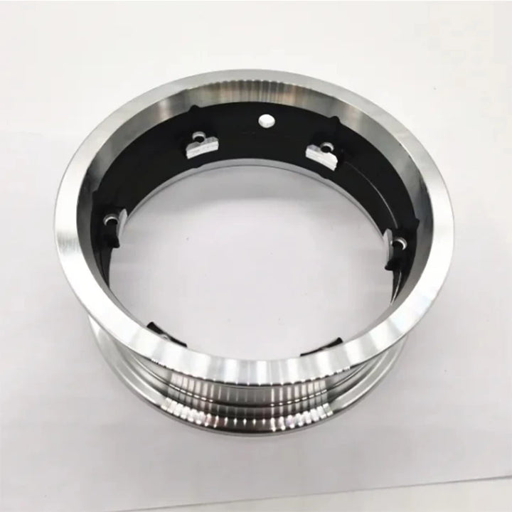 Front view of polished aluminium Dualtron Mini hub rim kit (2 pieces)