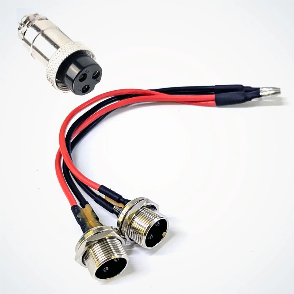 Dual GX16-3 charging port cable assembly for Dualtron scooters, genuine MiniMotors. Inset of female GX16 plug on charger