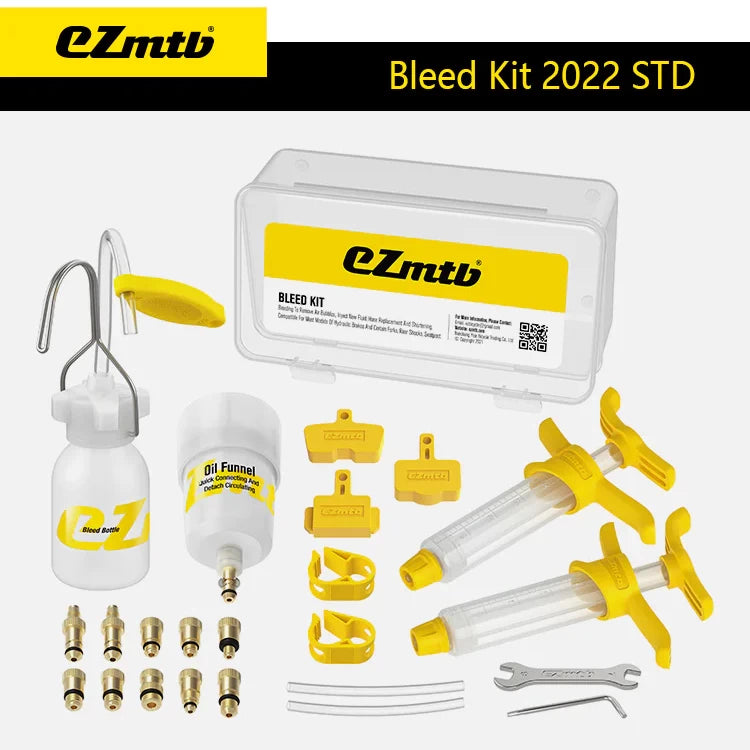 EZmtb 2022 Standard Brake Bleed Kit for hydraulic brakes, includes oil funnel, syringes, bleed bottle, adapters, and accessories, perfect for bleeding and maintaining electric scooter and bike hydraulic brake systems.