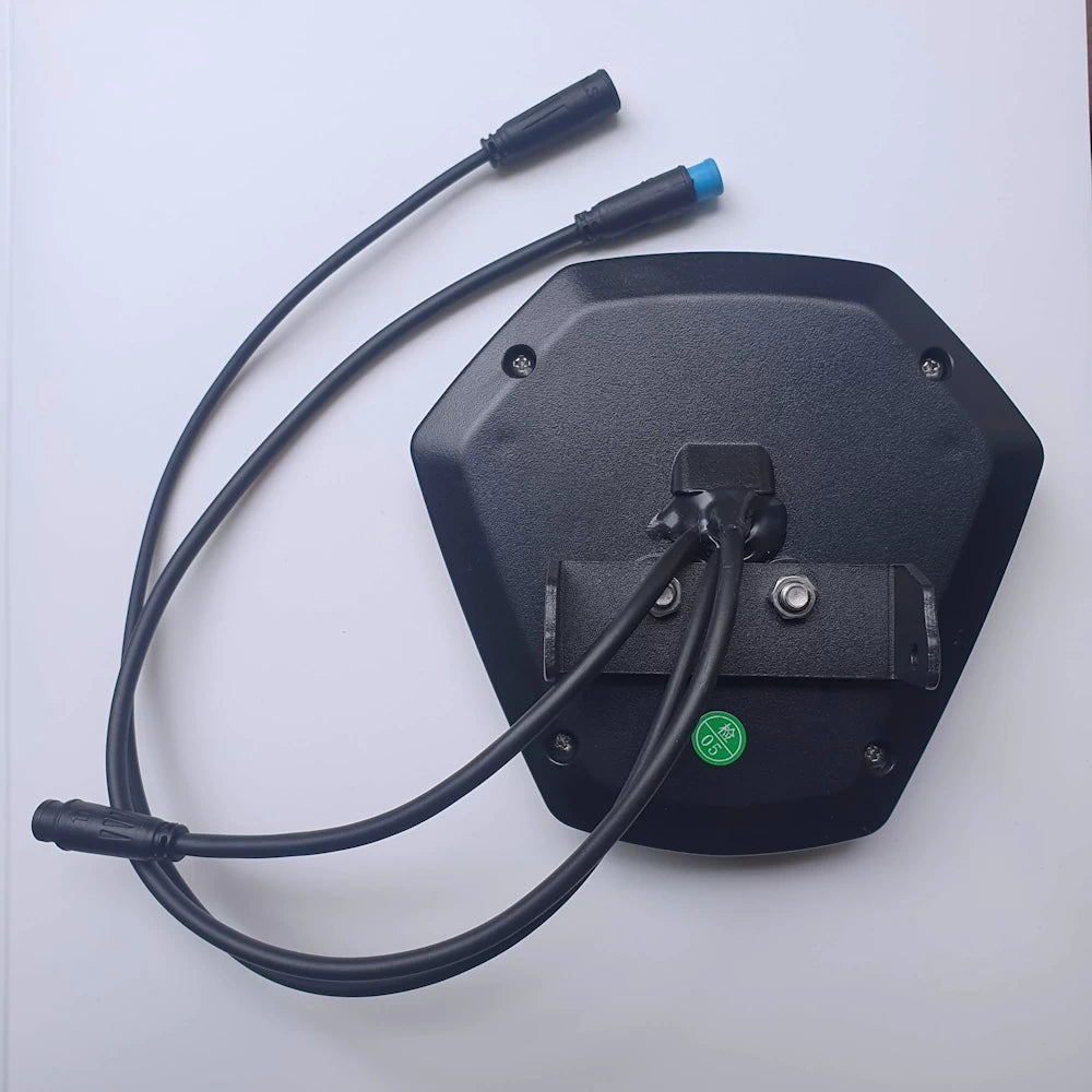 Replacement Hex Diamond LCD display rear view with three waterproof plug and play cable connectors for the Bexly Blackhawk, Blackhawk Pro, Pro Max and Apollo Phantom V2 (52-60V) electric scooters.
