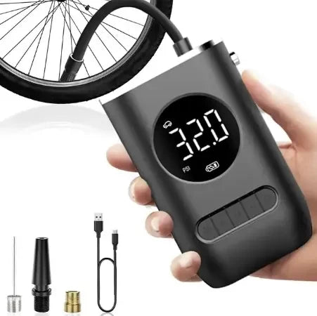 EdSun digital tire pump with connectors, featuring a digital display, USB charging, and multiple nozzles for inflating bike tyres, electric scooter tyres, car tyres, and sports equipment.