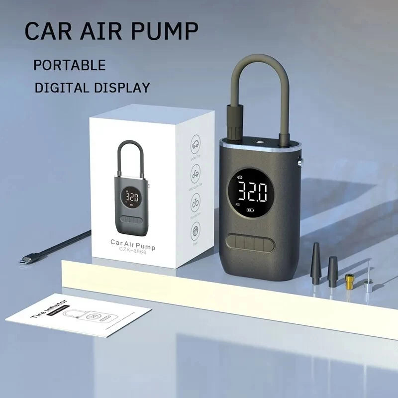 Edsun portable digital air pump with various connectors and charging cable included, ideal for inflating car tyres, bike tyres, and sports equipment, featuring an easy-to-read display.