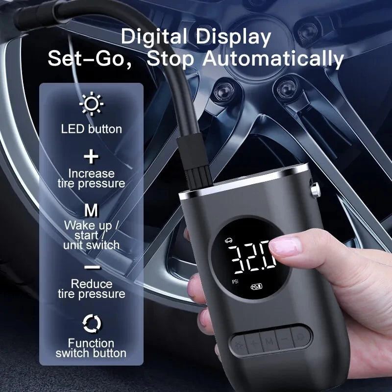 Edsun air pump showing button functions: LED light button, "plus" button to increase tyre pressure, "minus" button to decrease tyre pressure, and function switch button for easy control during inflation.