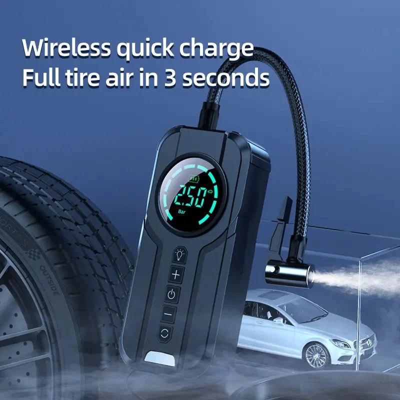 Wireless quick-charge Edsun air pump inflating a tire, featuring digital display and powerful performance for rapid inflation in just 3 seconds, ideal for cars, bikes, and more.