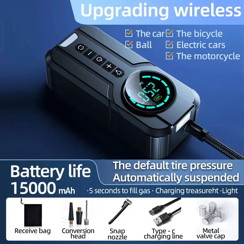 Edsun YX1819 wireless air pump with 15,000 mAh battery life, suitable for car, bicycle, motorcycle, electric cars, and balls. Includes accessories such as conversion head, snap nozzle, Type-C charging cable, metal valve cap, and storage bag.