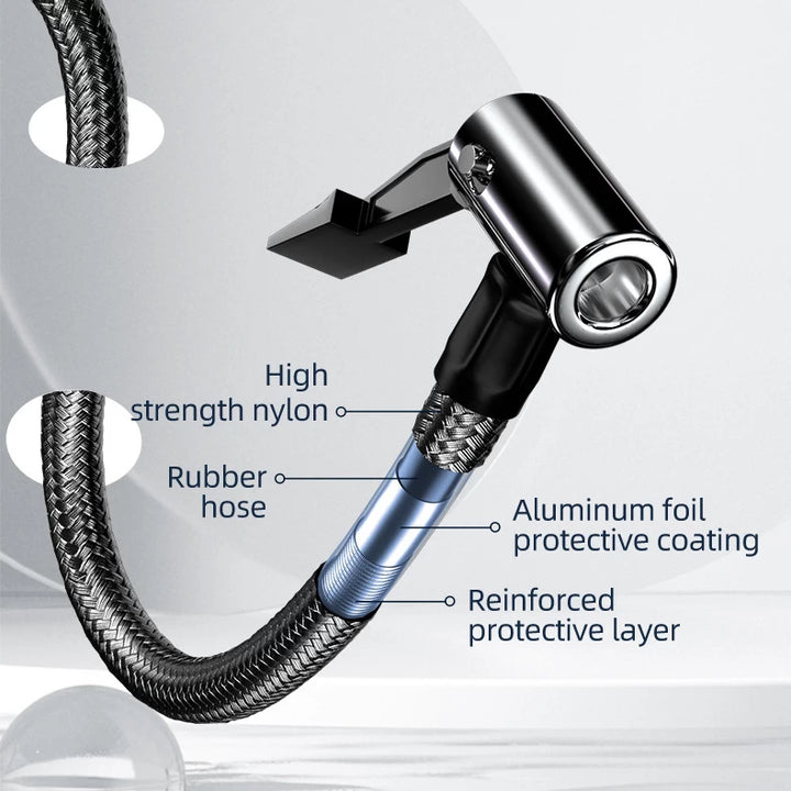 Close-up of Edsun air pump's braided hose, featuring high-strength nylon, rubber hose, aluminum foil protective coating, and reinforced protective layer for durability and efficient inflation.