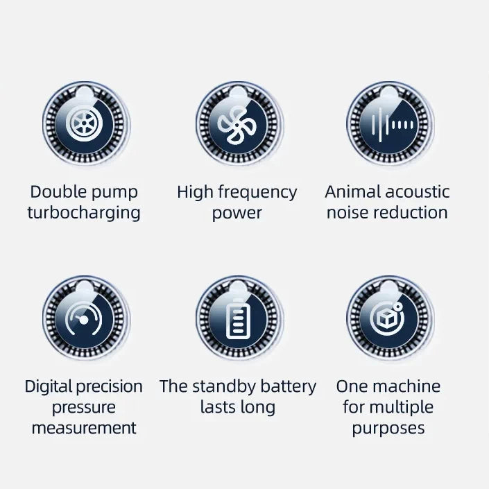 Edsun YX1819 air pump feature icons showing double pump turbocharging, high-frequency power, animal acoustic noise reduction, digital precision pressure measurement, long-lasting standby battery, and multi-purpose functionality.