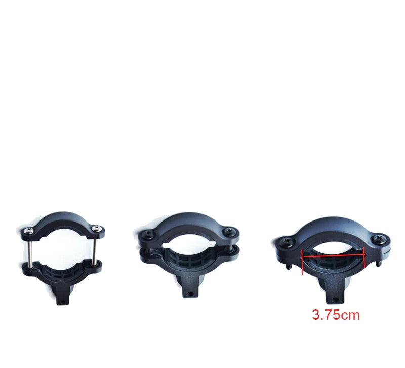 Image showing different sizes of adjustable mounting clamps for fitting the anti-theft electric horn to bicycle handlebars of varying diameters.