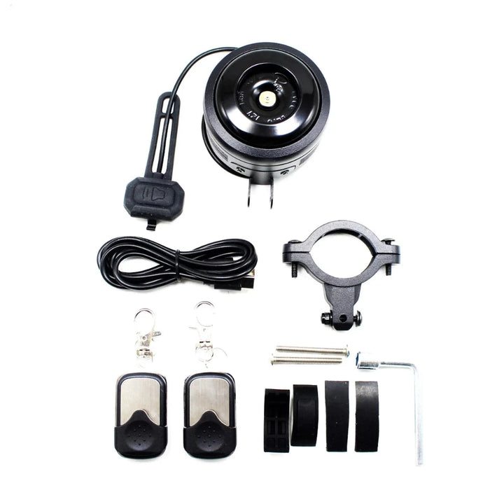 Full set of accessories included with the anti-theft electric horn and alarm, featuring remote control fobs, mounting brackets, USB charging cable, and other essential fittings.