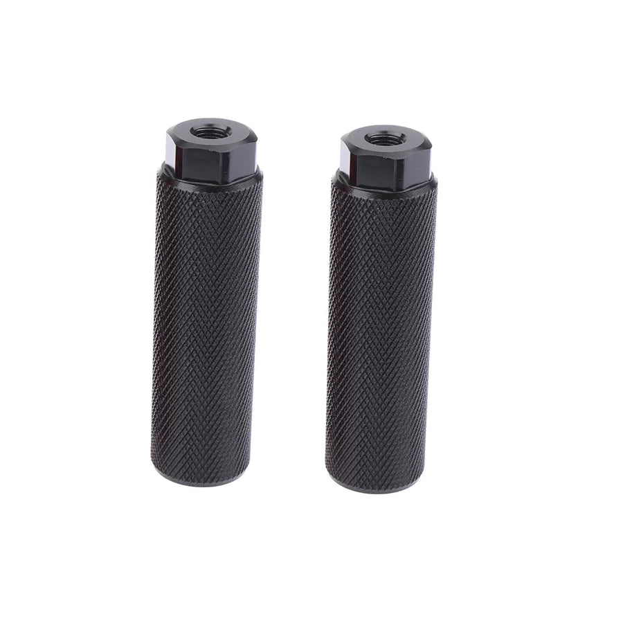Pair of black alloy bicycle foot pegs with knurled grip, compatible with EMOVE Roadrunner axle replacement.