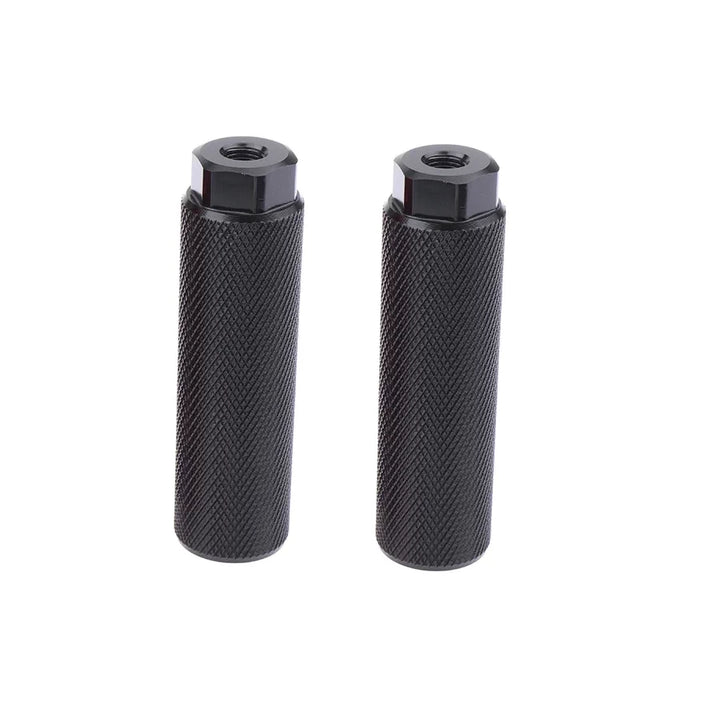 Pair of black alloy bicycle foot pegs with knurled grip, compatible with EMOVE Roadrunner axle replacement.