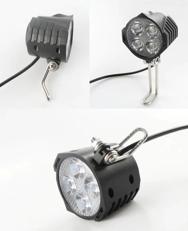 E-scooter or e-bike headlight with horn, featuring a 1.5m cable and mounting bracket for secure installation.