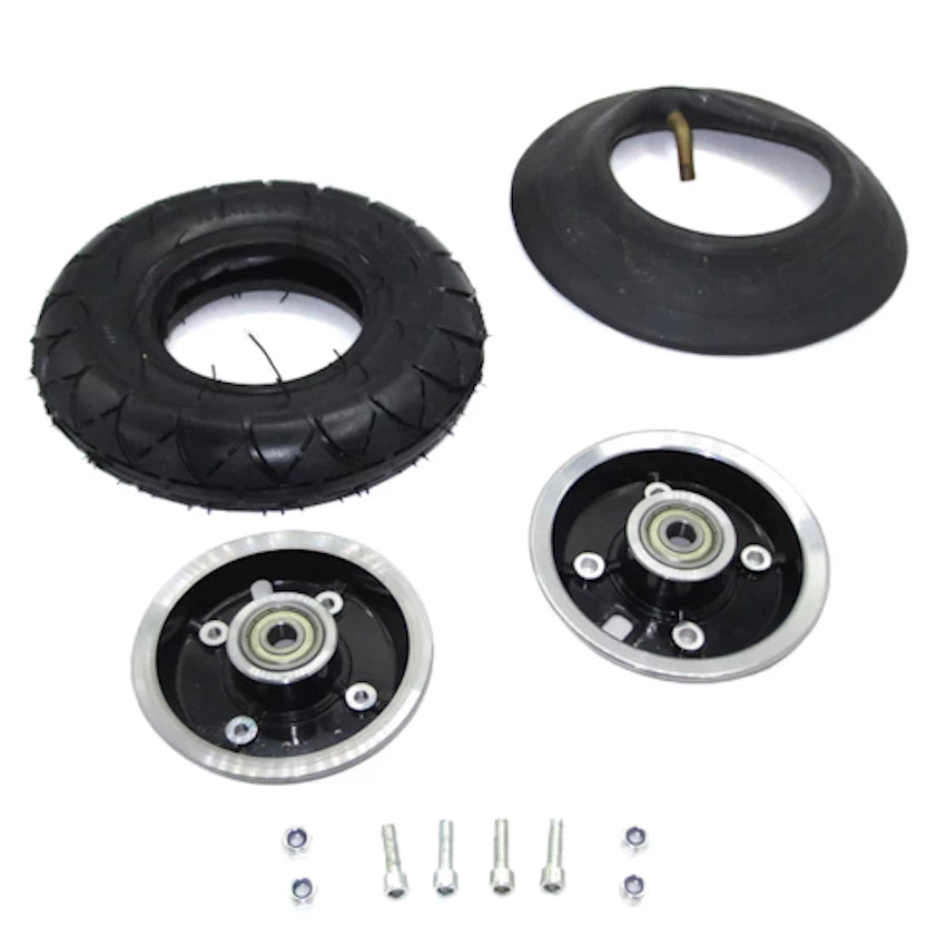 EMOVE Touring front wheel components, including split rim, inner tube, tire, and mounting hardware for an 8-inch tubed wheel. Comes assembled.