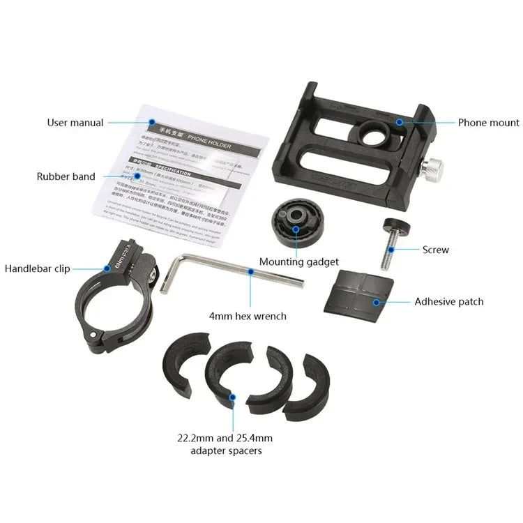 Labeled contents of the GUB Plus 3 package, including handlebar clip, spacers, and hex wrench.