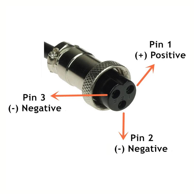 Universal GX16 Plug wiring diagram showing the the positive at Pin #1 and the Negative at Pin #2 and ALSO at PIN #3.
