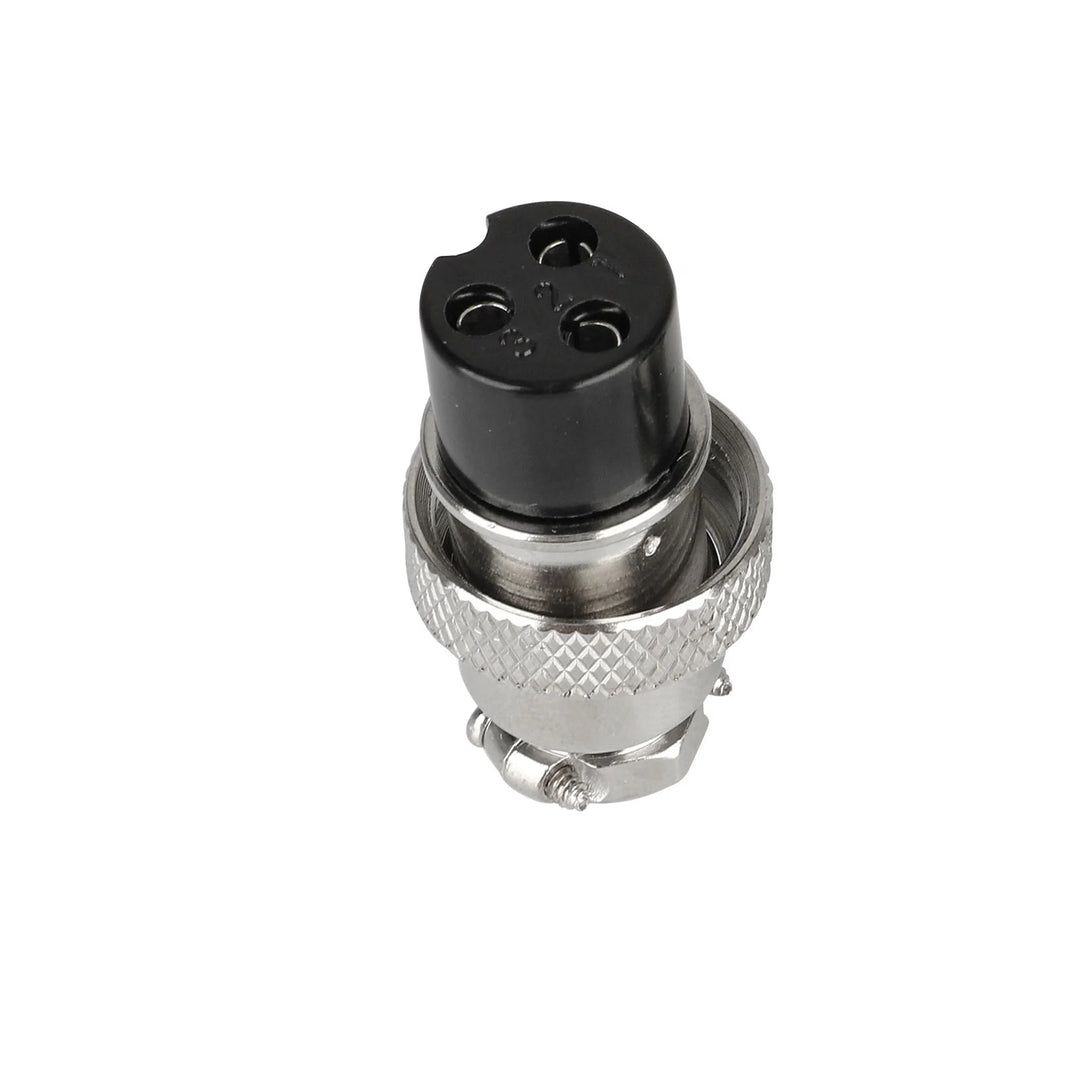 GX16 3-pin female aviation cable connector plug socket with threaded locking collar for electric scooter charger cable replacement.