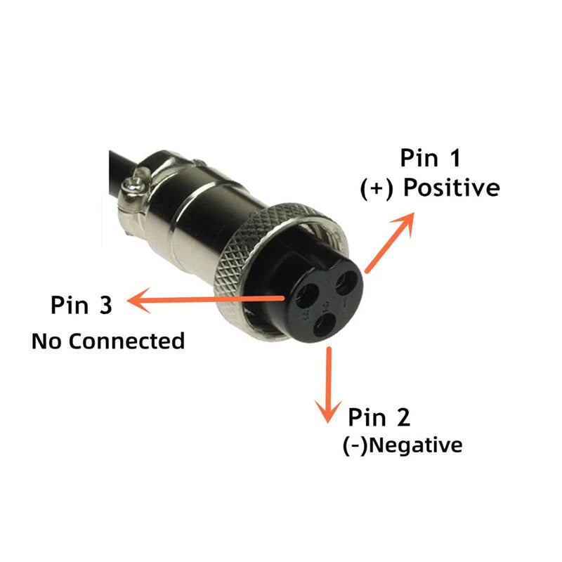 Wiring Diagram of GX16 Plug showing the "EMOVE" (Non-Standard) configuration with the Negative at Pin #2, as used with EMOVE, Kingsong, eGlide, Blade & Teverun