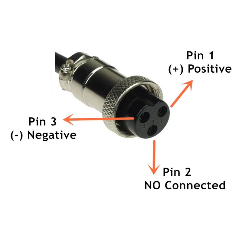 Standard GX16 Plug wiring diagram showing the Negative Wire at Pin #3, and the positive at Pin #1, with Pin #2 not connected.
