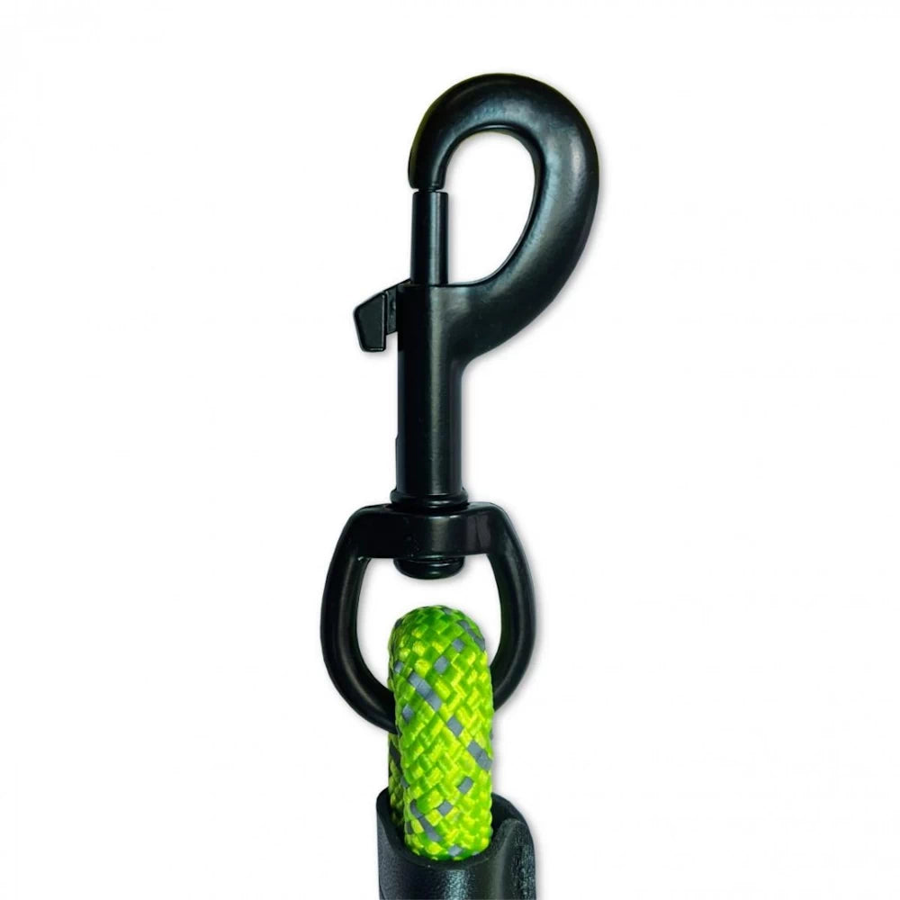 Close-up of the high-strength zinc-alloy swivel lobster clasp on the fluorescent yellow dog leash. Ensures secure attachment to collars or harnesses with a reliable grip.