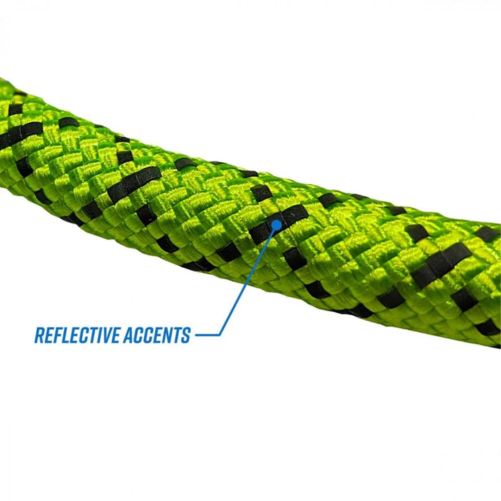 Detailed close-up of the reflective accents woven into the high visibility dog leash. Improves safety during nighttime walks by enhancing leash visibility.