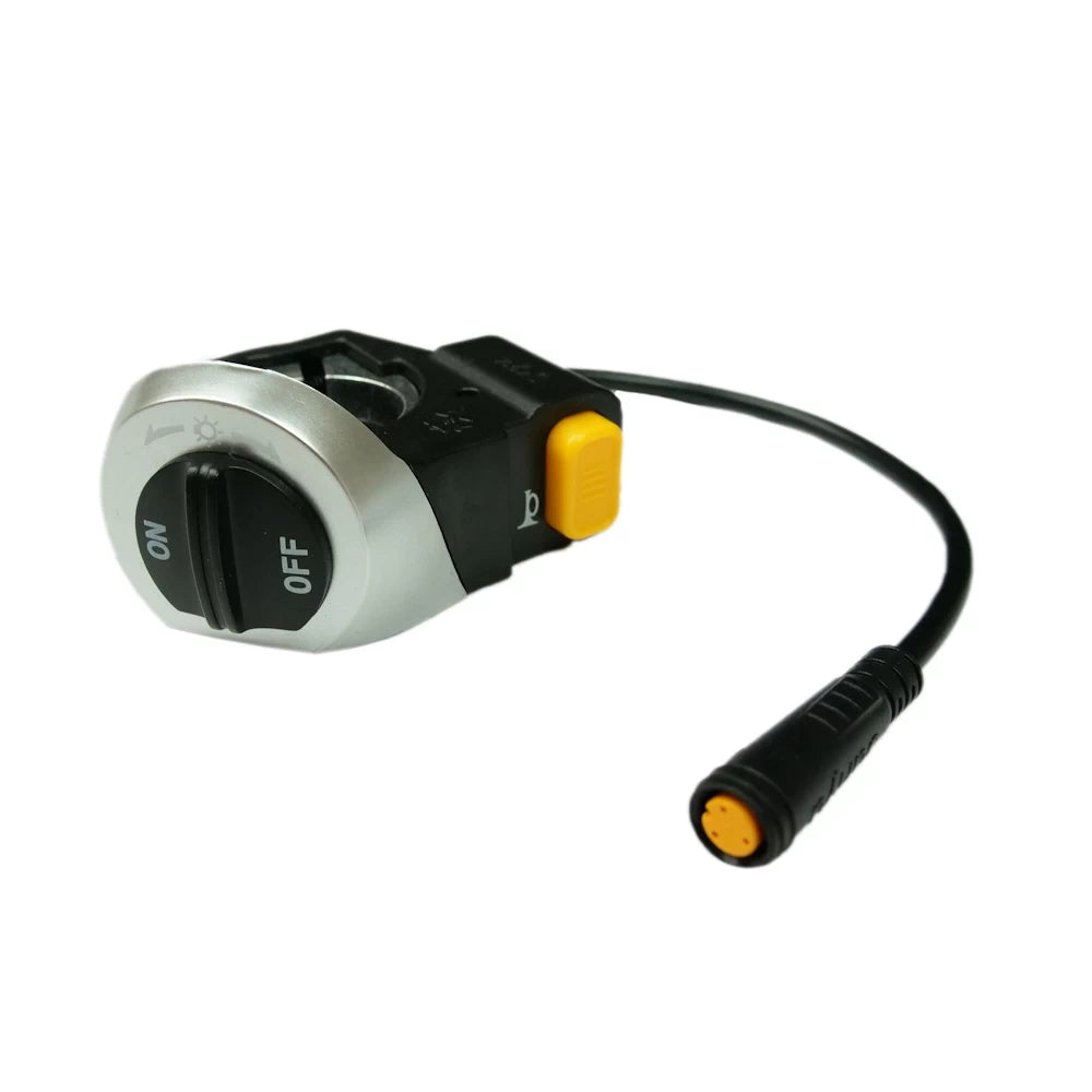 EMOVE Touring Electric Scooter light and horn switch with on/off toggle for the front light and yellow horn button.