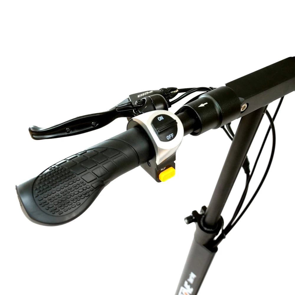  Installed light and horn switch module on EMOVE Touring Electric Scooter handlebar, showcasing the plug-and-play feature.