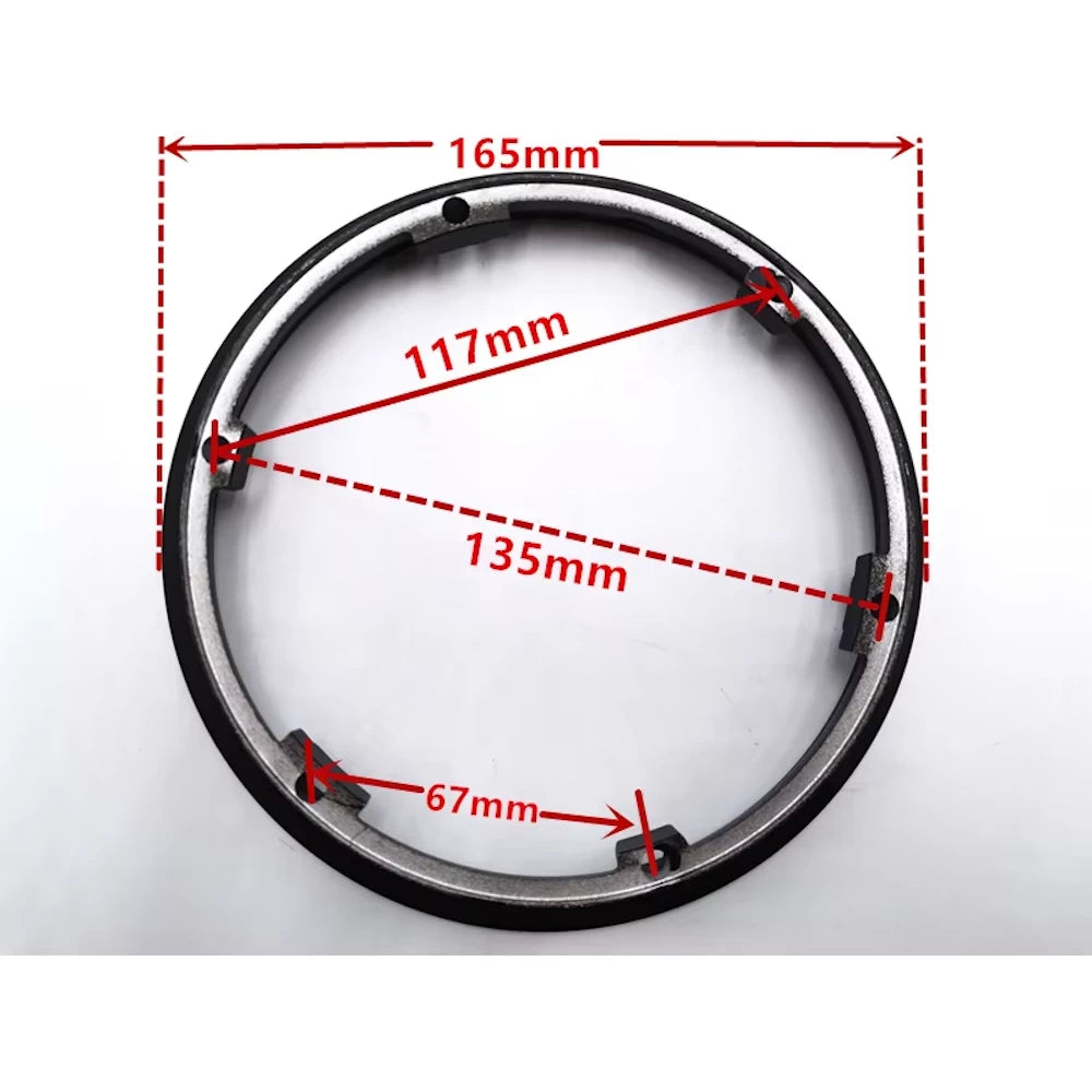 Technical diagram showing LGSDDM hub rim measurements: 165mm Outer diameter, 135mm BCD, 67mm mounting hole spacing.