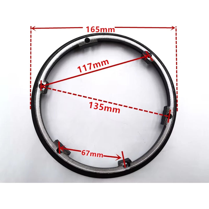 Technical diagram showing LGSDDM hub rim measurements: 165mm Outer diameter, 135mm BCD, 67mm mounting hole spacing.