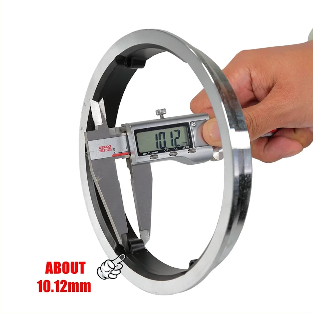 Hub ring showing caliper measurement of 10.12 mm screw hole depth.