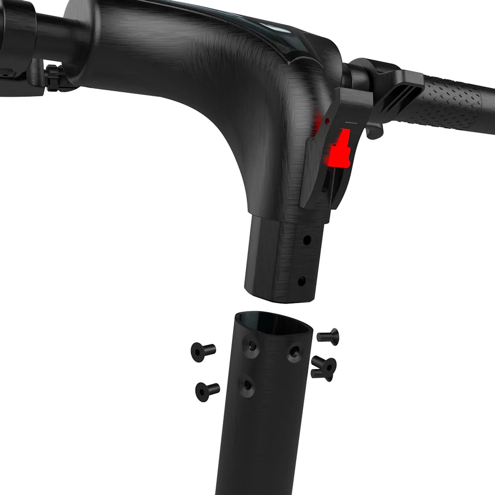 Exploded view of the Voltrium ION Max electric scooter handlebar, demonstrating the simple handlebar connection.